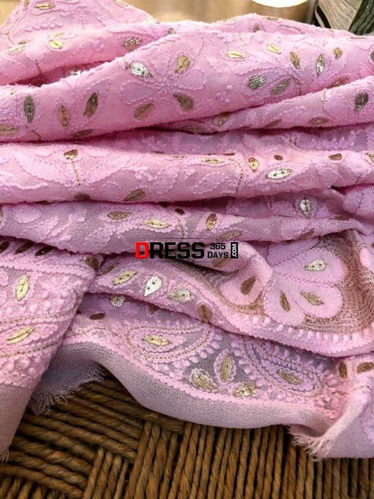 Pink Viscose Georgette Chikankari Gota Patti Kurti Fabric