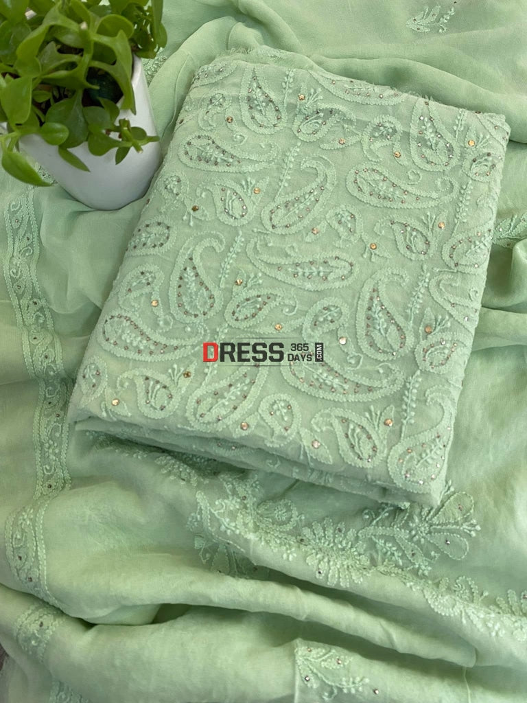 Pista Green Mukaish Lucknowi Chikankari Suit Suits