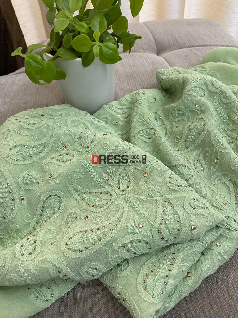 Pista Green Mukaish Lucknowi Chikankari Suit Suits