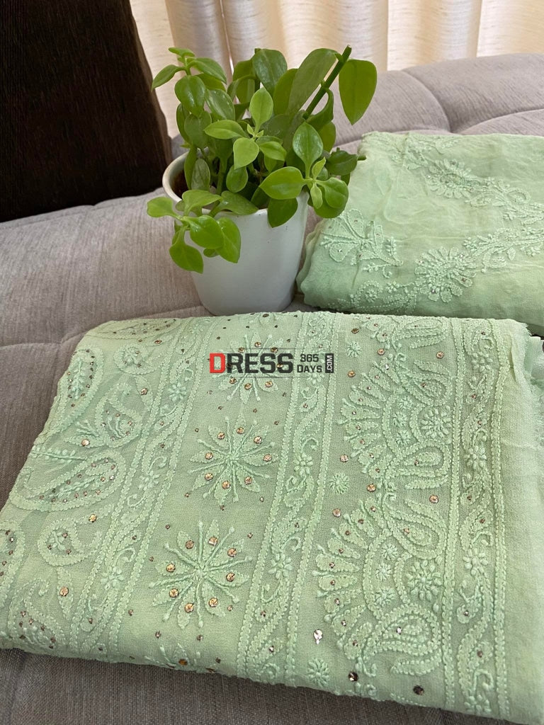Pista Green Mukaish Lucknowi Chikankari Suit Suits