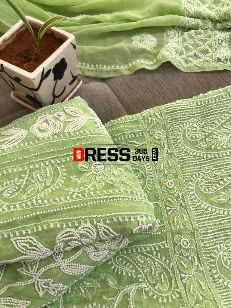 Pista Green Pearl & Chikankari Anarkali Suit