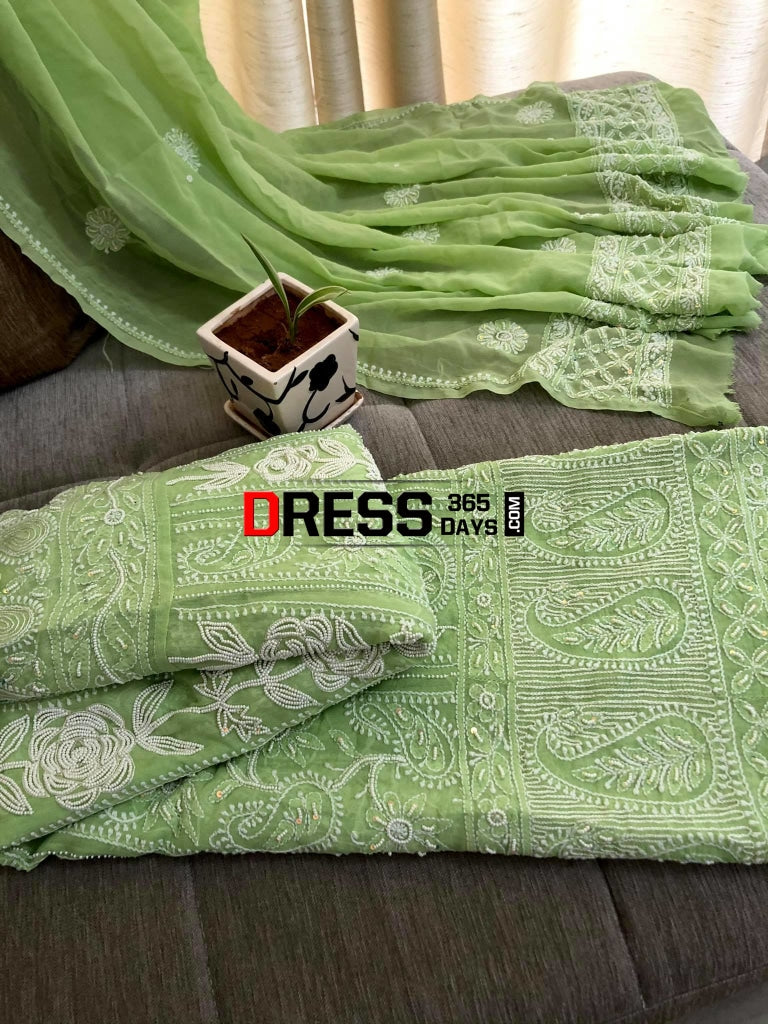 Pista Green Pearl & Chikankari Anarkali Suit