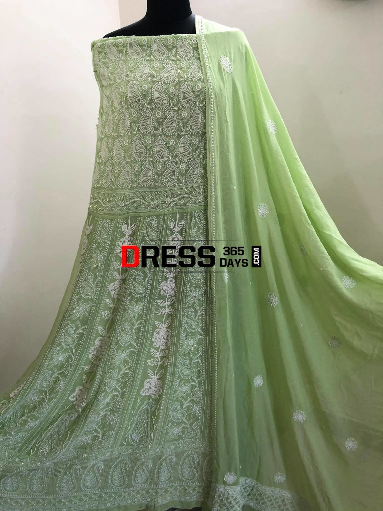 Pista Green Pearl & Chikankari Anarkali Suit