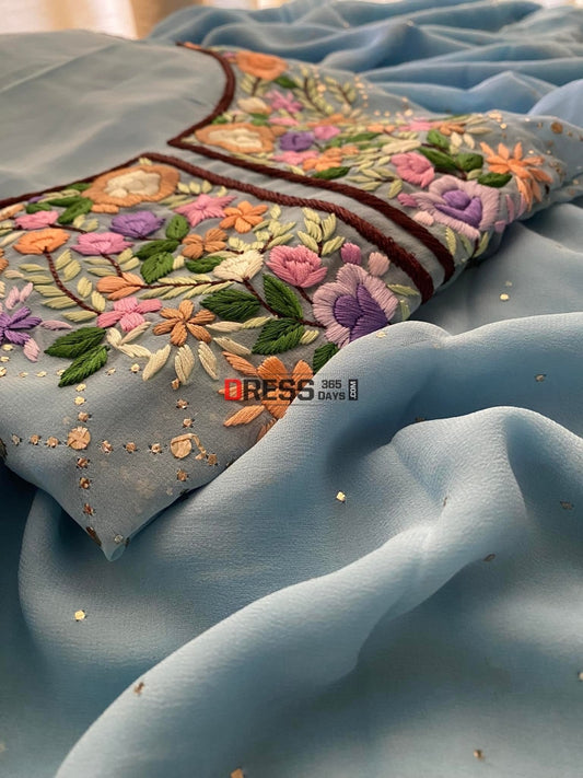 Powder Blue All Over Mukaish Parsi Gara Suit Chikankari Suits