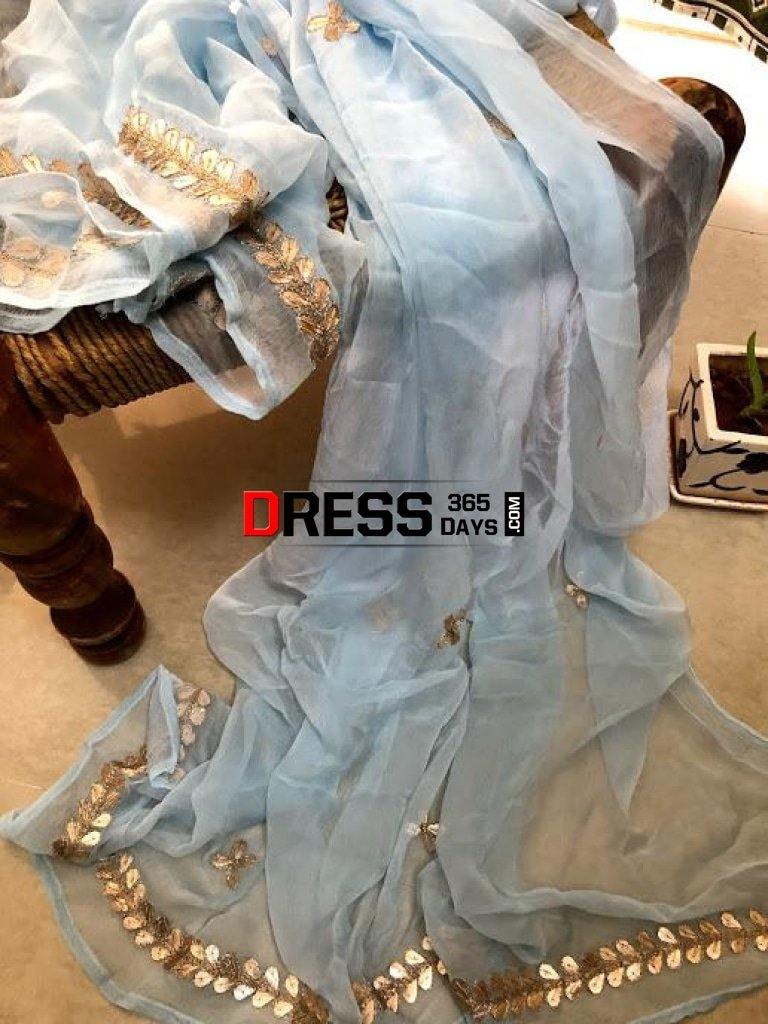 Powder Blue Chiffon Dupatta With Gota Patti Chikankari