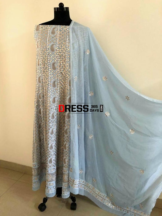 Powder Blue Chikankari Anarkali Suit With Gota Patti (Anarkali And Dupatta)