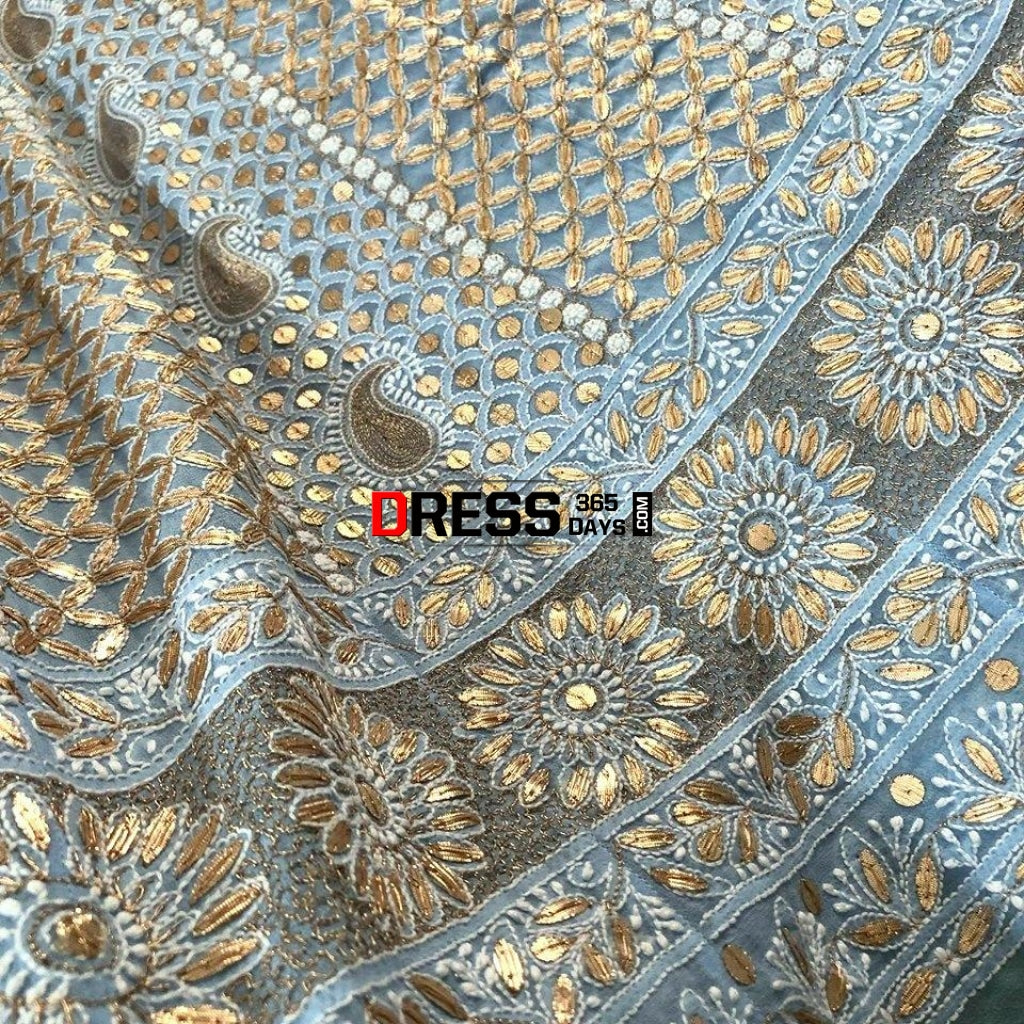 Powder Blue Chikankari Anarkali Suit With Gota Patti (Anarkali And Dupatta)