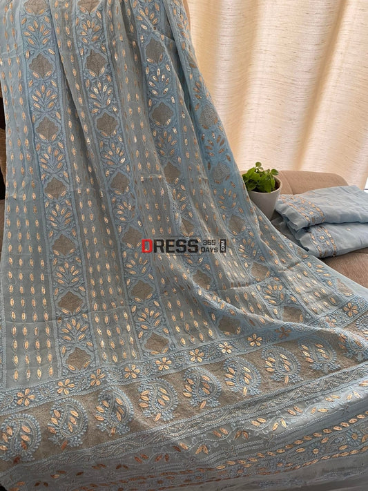 Powder Blue Chikankari Gota Patti Kurta Dupatta Set Suits