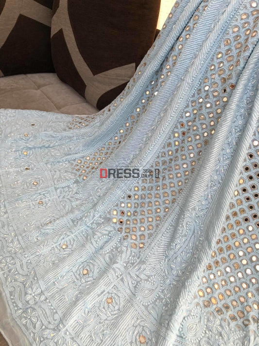 Powder Blue Chikankari Mirror & Pearl Anarkali Suit