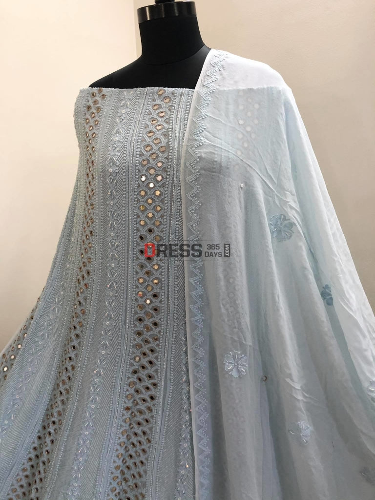 Powder Blue Chikankari Mirror & Pearl Anarkali Suit