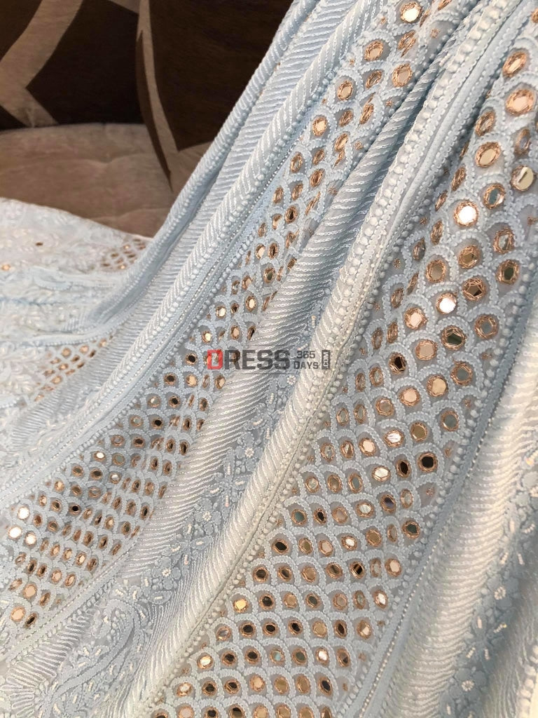 Powder Blue Chikankari Mirror & Pearl Anarkali Suit