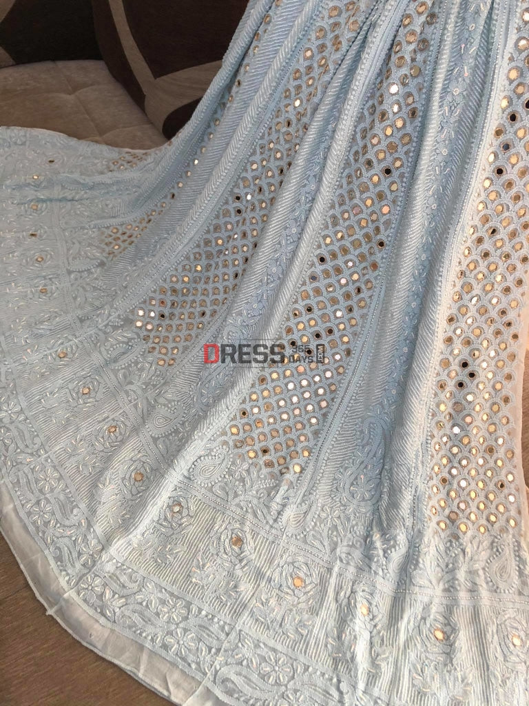 Powder Blue Chikankari Mirror & Pearl Anarkali Suit
