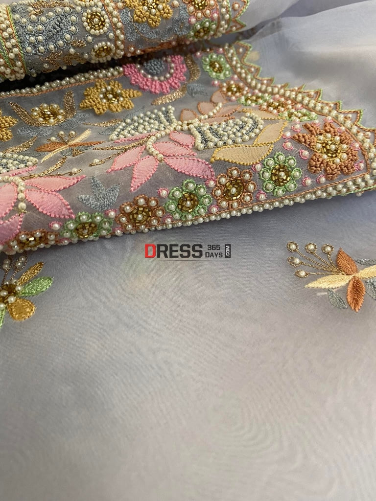 Powder Blue Exclusive Organza Pearls Chikankari Suit Suits