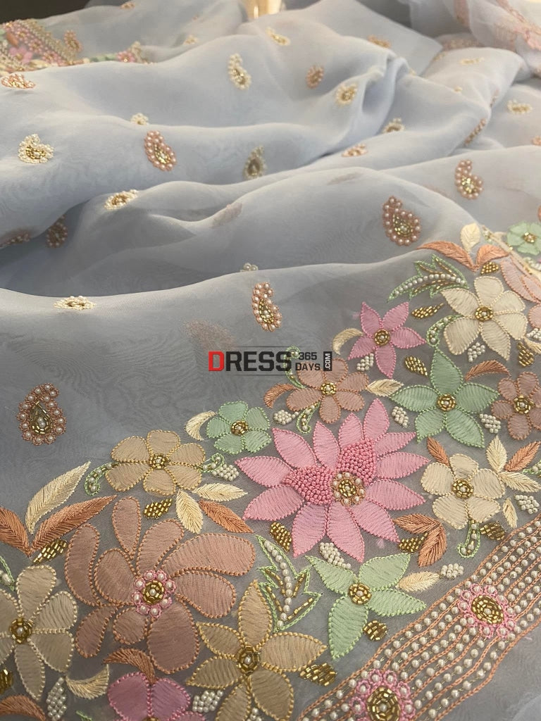 Powder Blue Exclusive Organza Pearls Chikankari Suit Suits