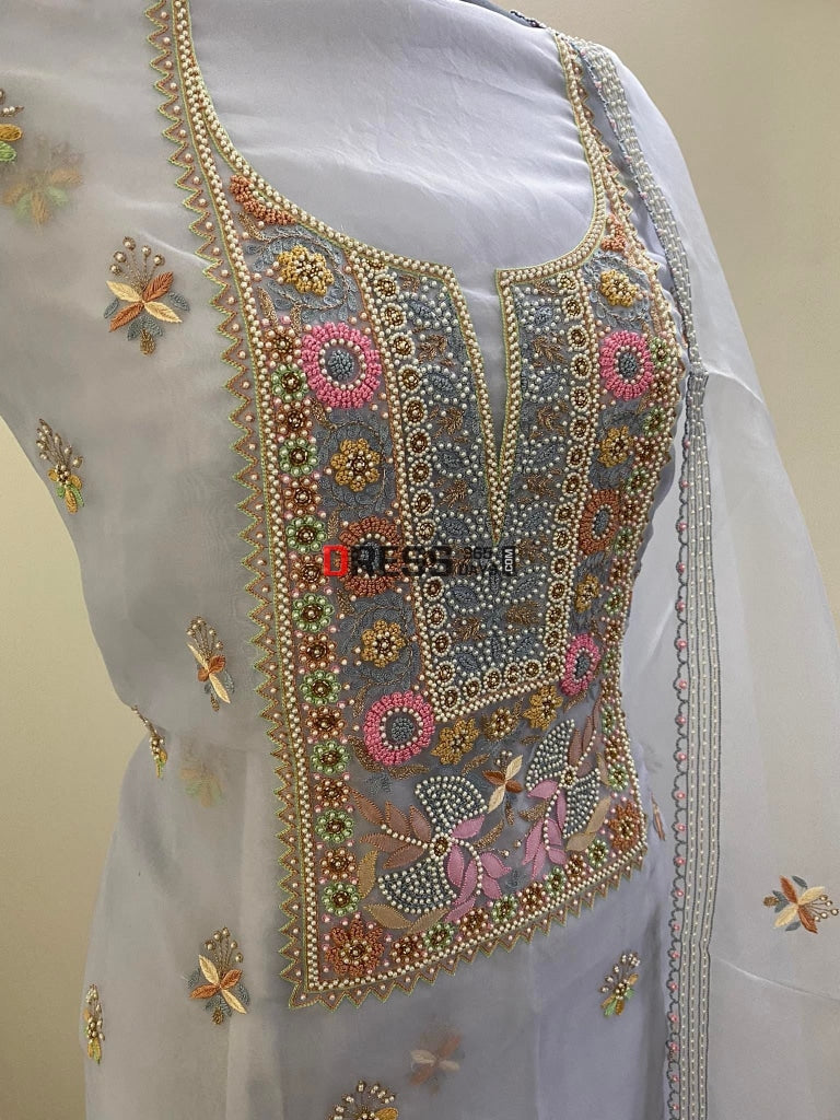 Powder Blue Exclusive Organza Pearls Chikankari Suit Suits