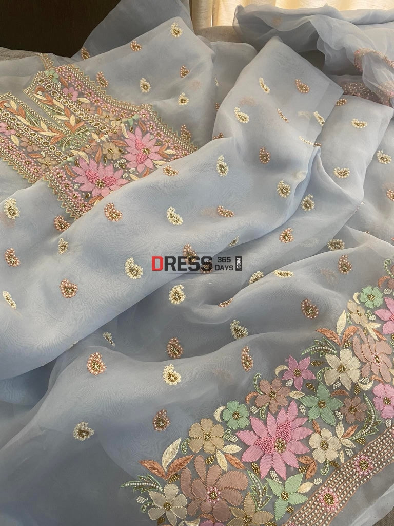 Powder Blue Exclusive Organza Pearls Chikankari Suit Suits