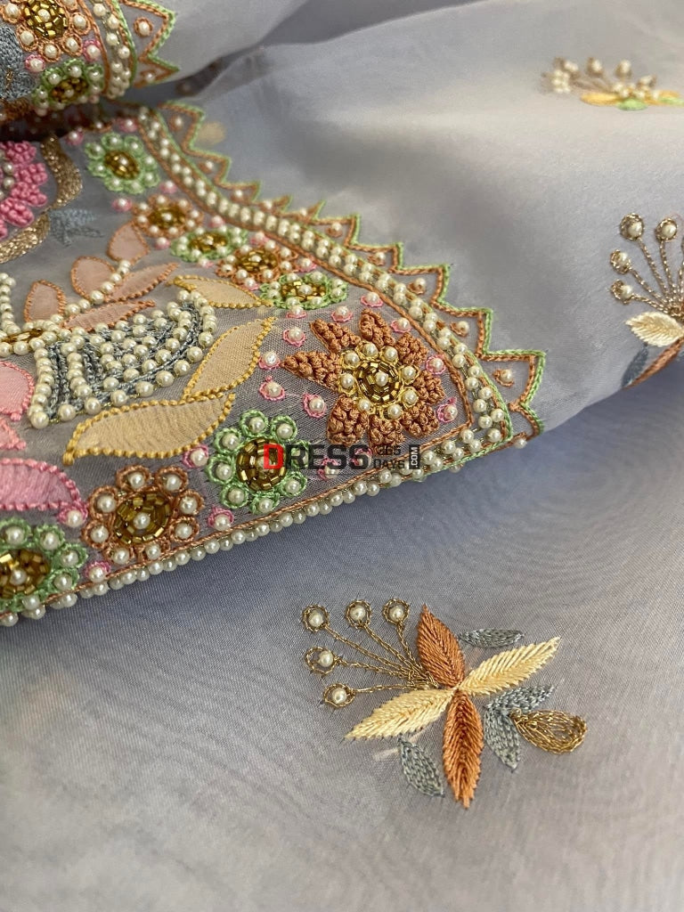 Powder Blue Exclusive Organza Pearls Chikankari Suit Suits