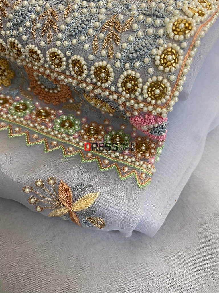 Powder Blue Exclusive Organza Pearls Chikankari Suit Suits