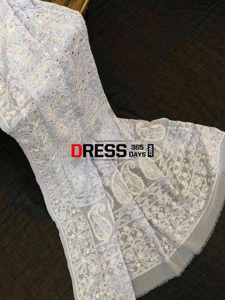 Powder Blue Hand Embroidered Mukaish Lucknowi Dupatta Chikankari