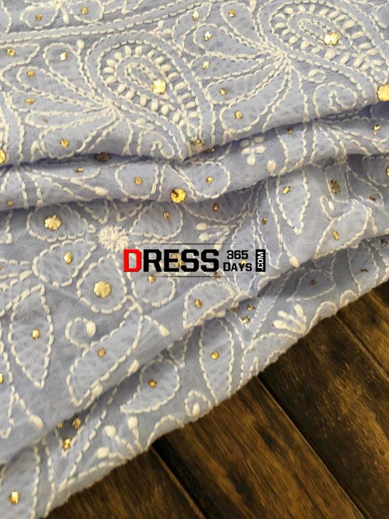 Powder Blue Hand Embroidered Mukaish Lucknowi Dupatta Chikankari
