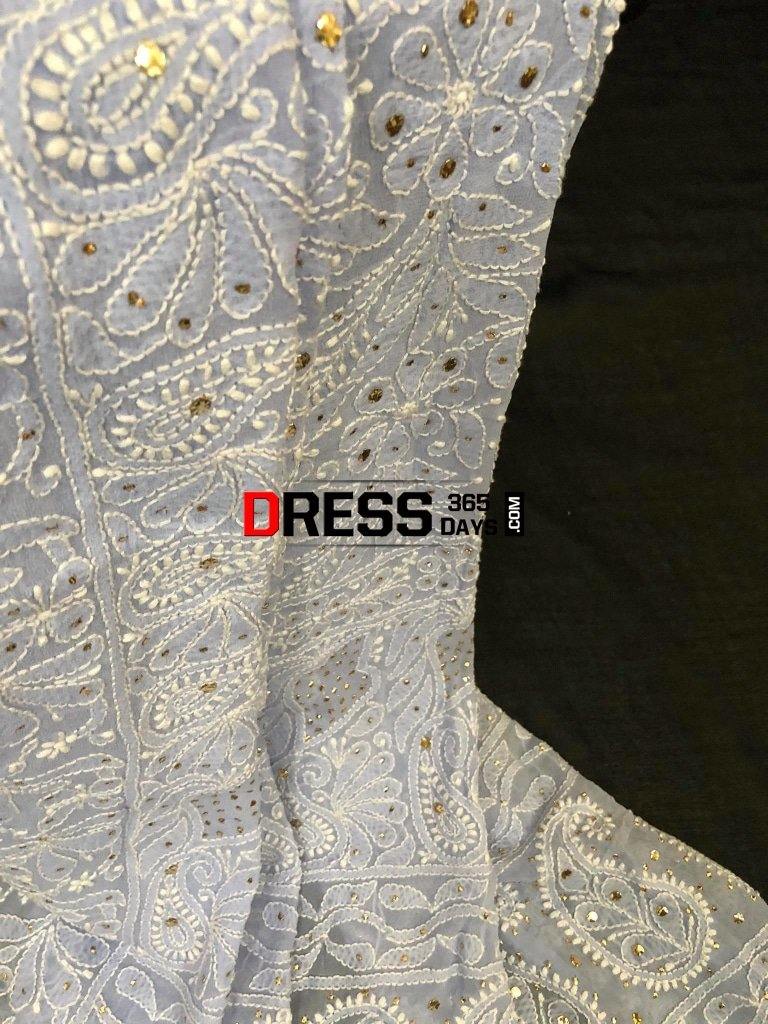 Powder Blue Hand Embroidered Mukaish Lucknowi Dupatta Chikankari