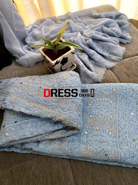Powder Blue Kamdani Chikankari Anarkali Suit
