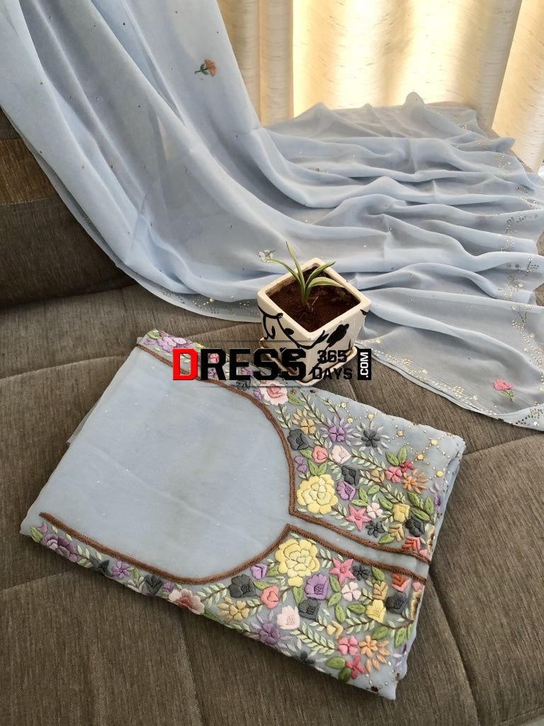 Powder Blue Kamdani & Parsi Gara Suit Suits