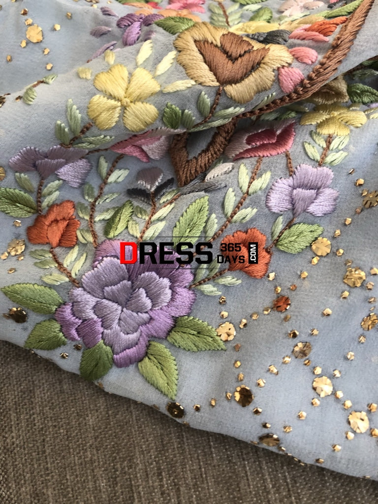 Powder Blue Kamdani & Parsi Gara Suit Suits