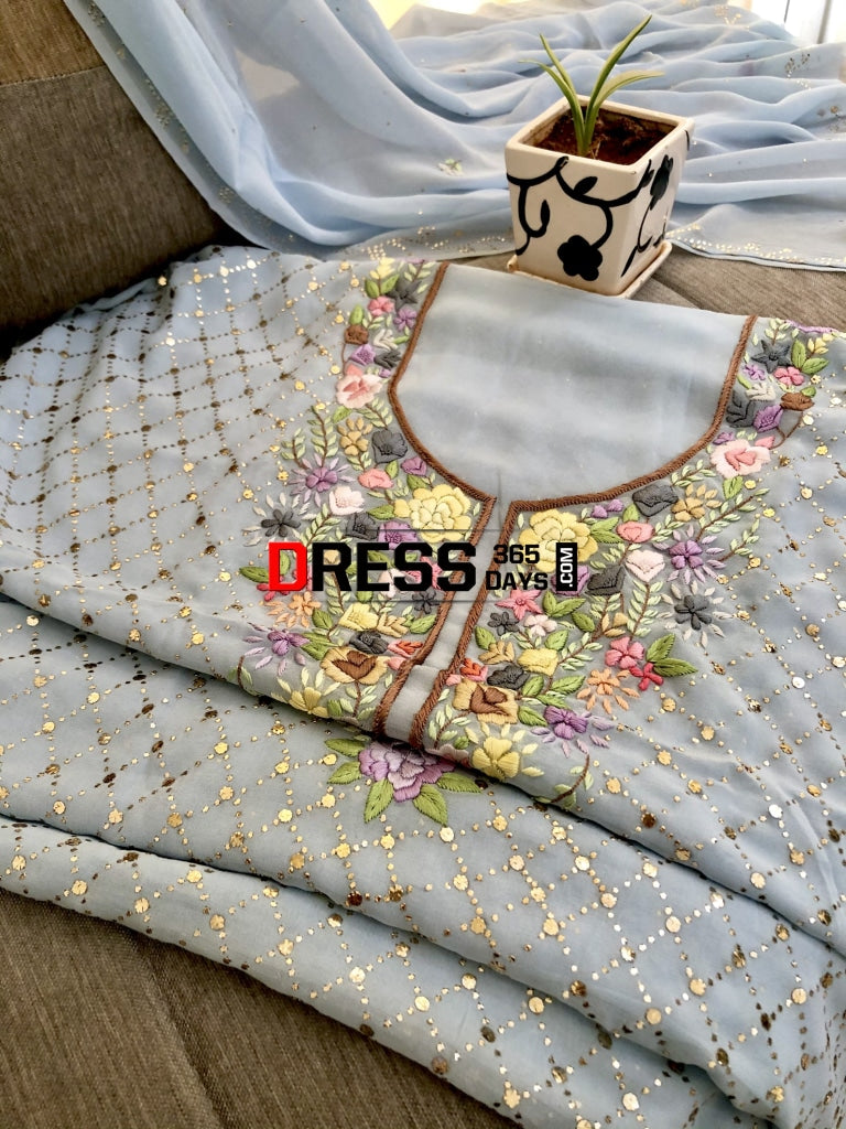 Powder Blue Kamdani & Parsi Gara Suit Suits