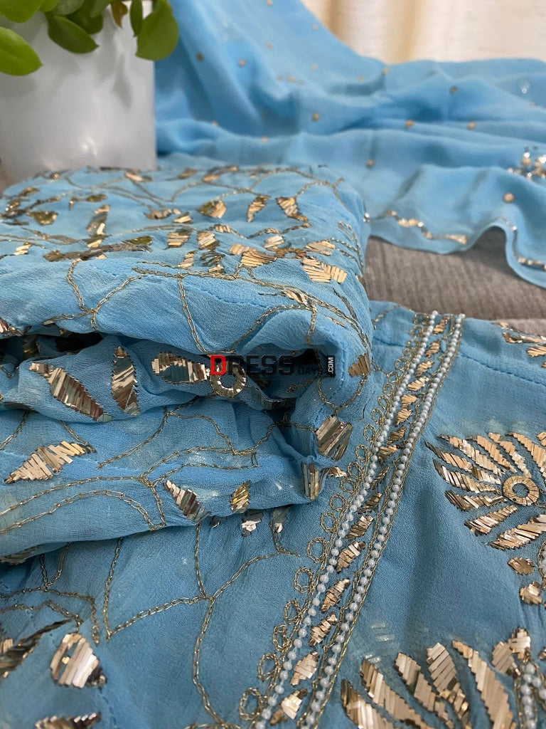 Powder Blue Kamdani & Pearl Anarkali Suit