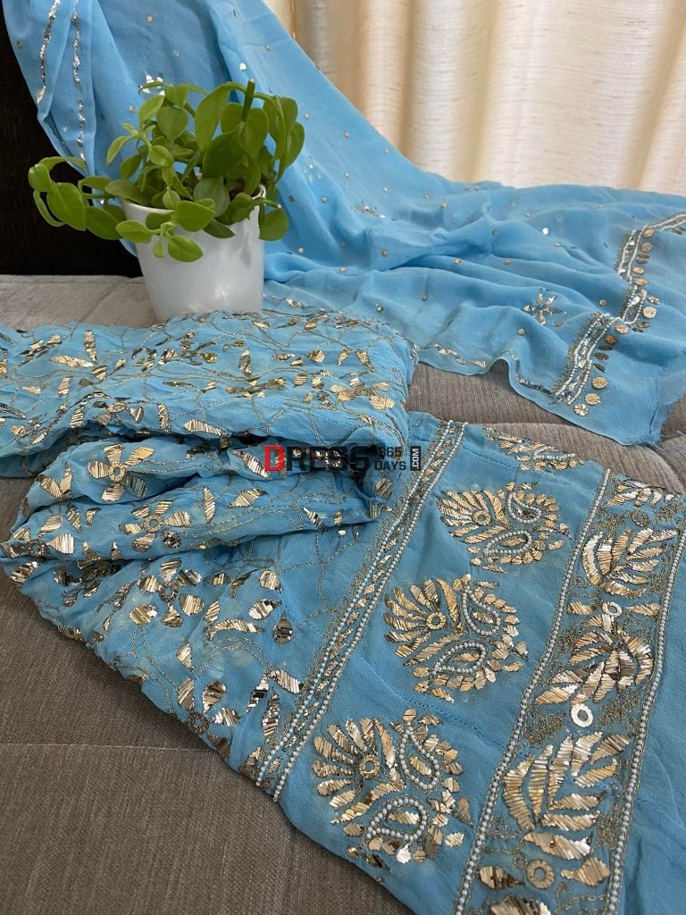 Powder Blue Kamdani & Pearl Anarkali Suit