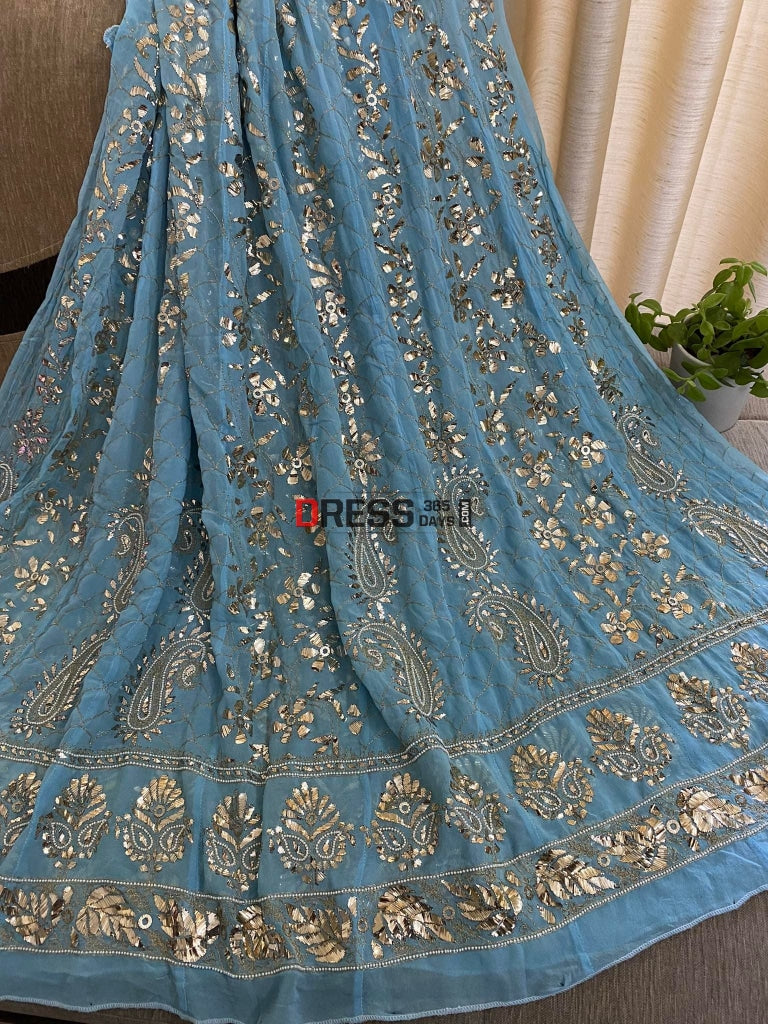 Powder Blue Kamdani & Pearl Anarkali Suit
