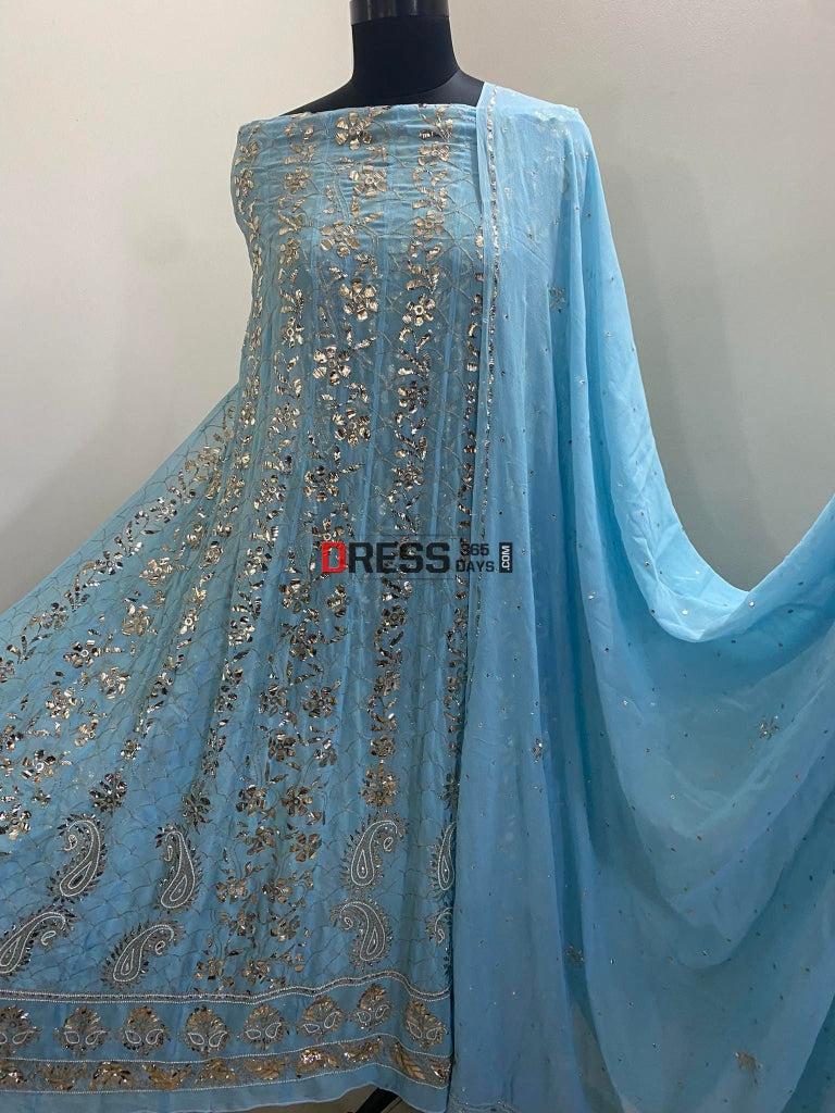Powder Blue Kamdani & Pearl Anarkali Suit