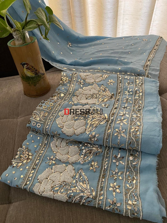 Powder Blue Kamdani & Pearl Suit Chikankari Suits