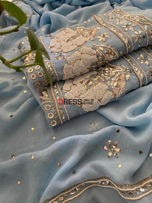 Powder Blue Kamdani & Pearl Suit Chikankari Suits