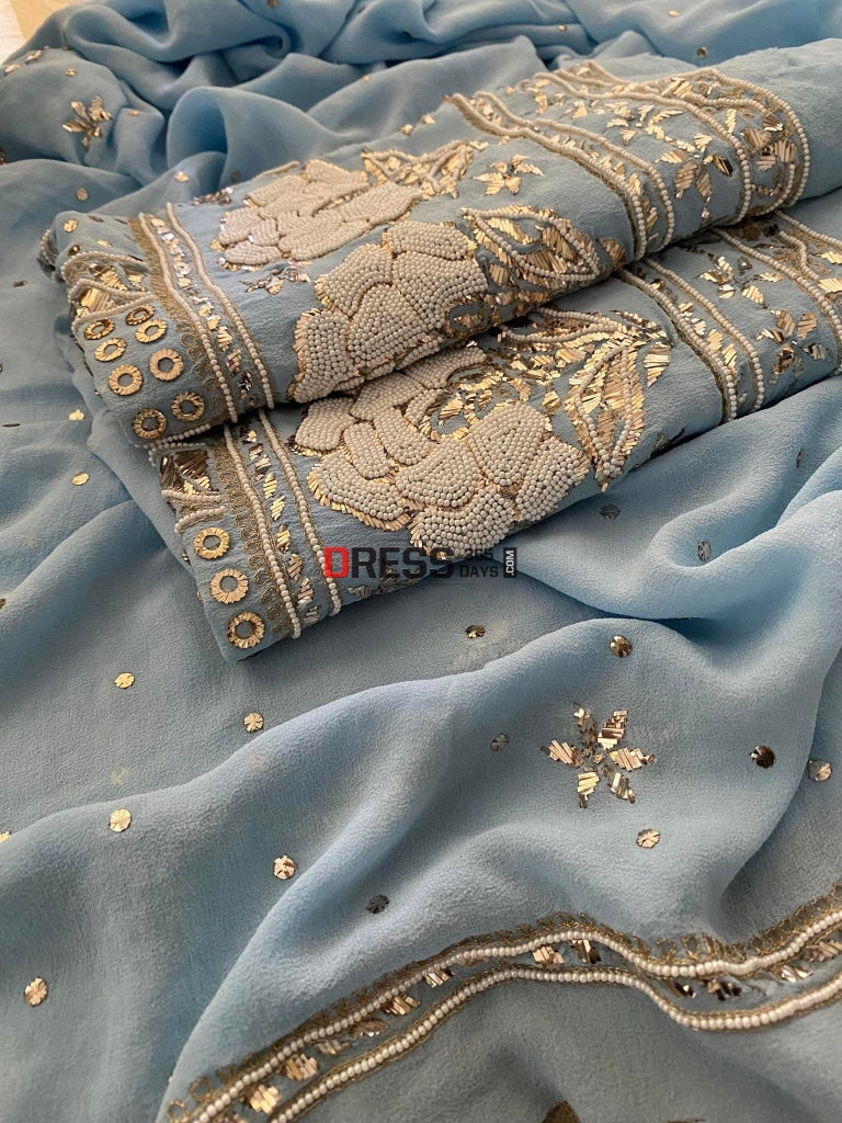 Powder Blue Kamdani & Pearl Suit Chikankari Suits