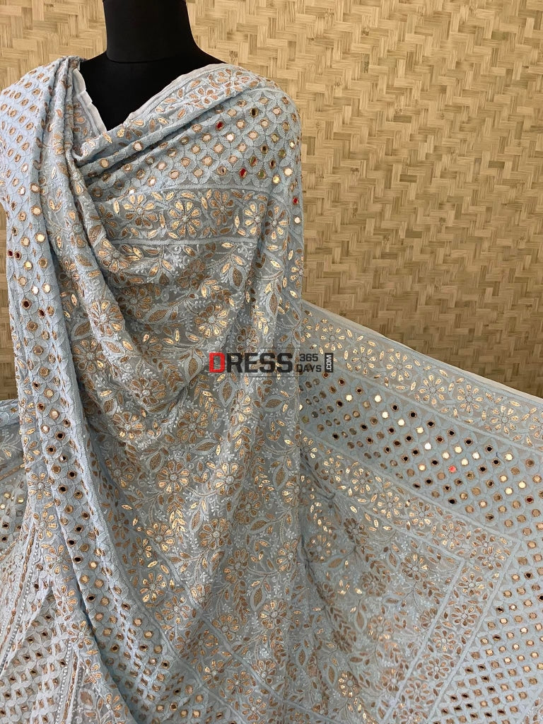 Powder Blue Lucknow Gota Patti Work & Mirror Lehenga Set Chikankari
