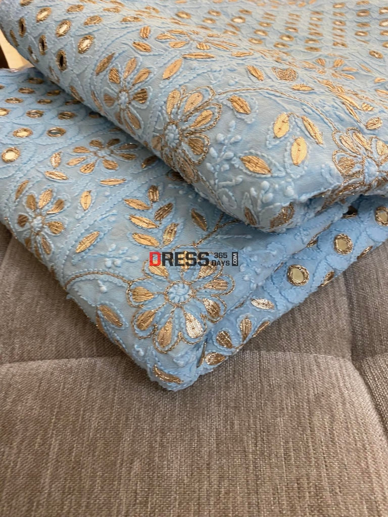 Powder Blue Lucknow Gota Patti Work & Mirror Lehenga Set Chikankari