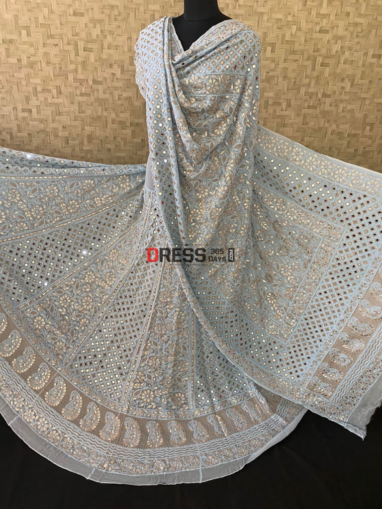 Powder Blue Lucknow Gota Patti Work & Mirror Lehenga Set Chikankari