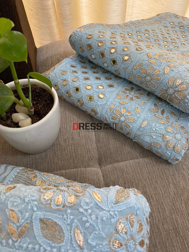 Powder Blue Lucknow Gota Patti Work & Mirror Lehenga Set Chikankari