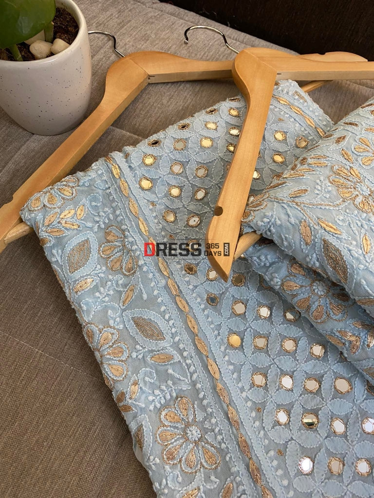 Powder Blue Lucknow Gota Patti Work & Mirror Lehenga Set Chikankari