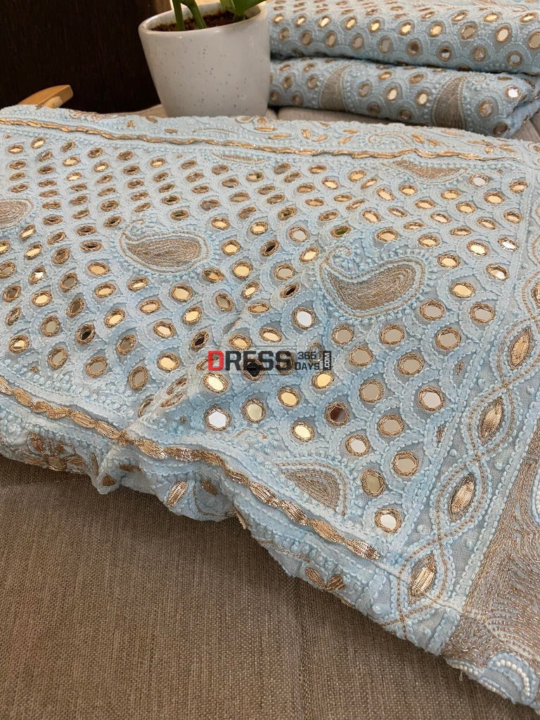 Powder Blue Lucknowi Chikankari & Mirror Work Lehenga Set