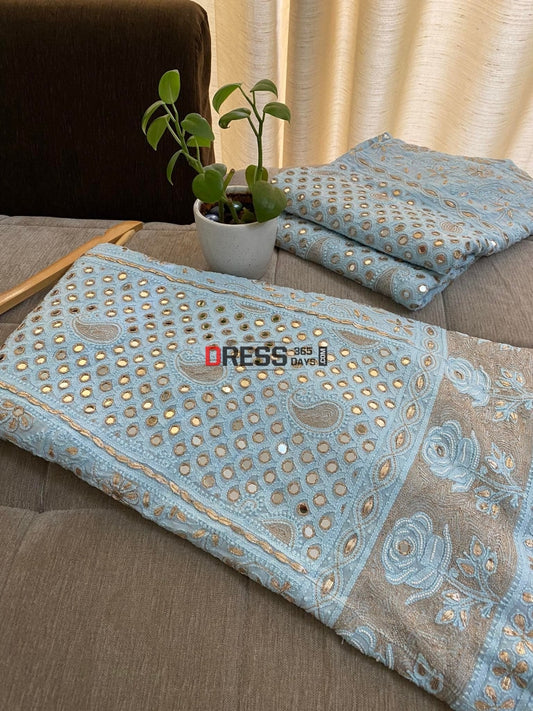 Powder Blue Lucknowi Chikankari & Mirror Work Lehenga Set