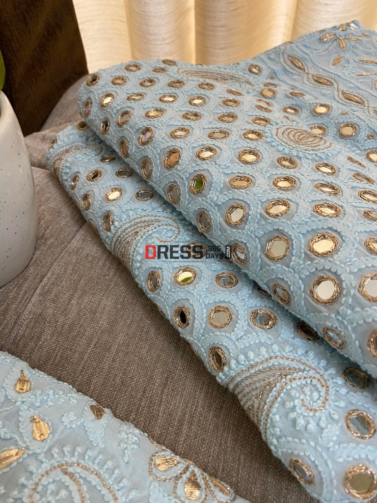 Powder Blue Lucknowi Chikankari & Mirror Work Lehenga Set