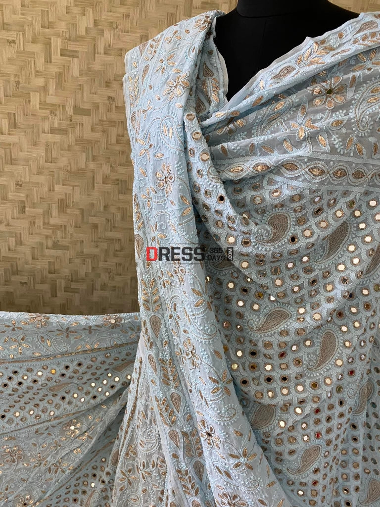 Powder Blue Lucknowi Chikankari & Mirror Work Lehenga Set