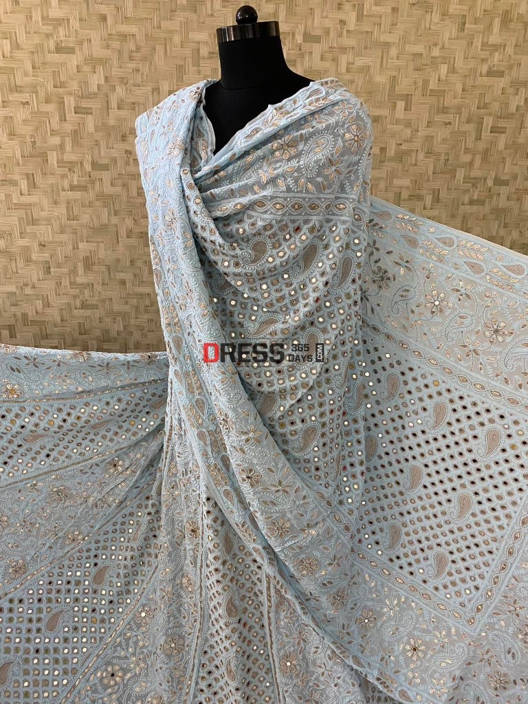 Powder Blue Lucknowi Chikankari & Mirror Work Lehenga Set