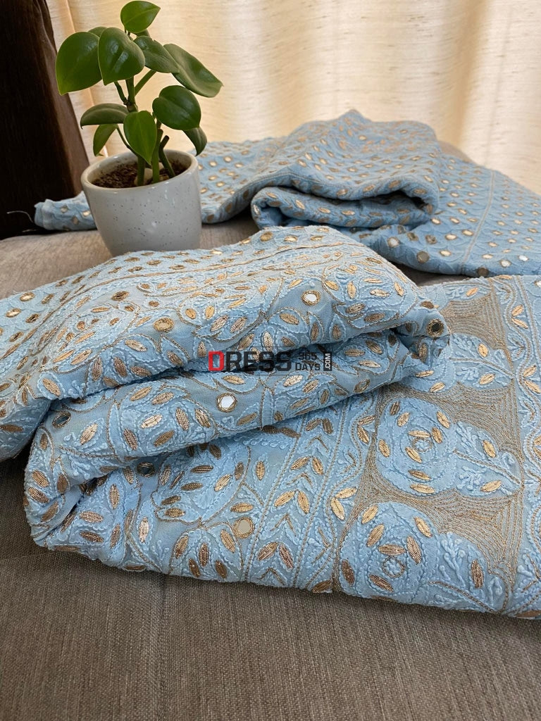 Powder Blue Lucknowi Mirror & Gota Patti Lehenga Set Chikankari