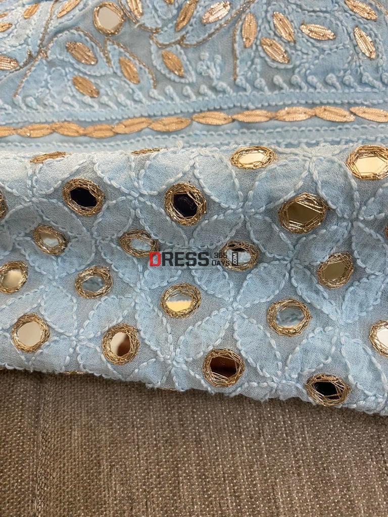 Powder Blue Lucknowi Mirror & Gota Patti Lehenga Set Chikankari
