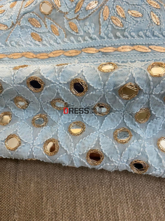 Powder Blue Lucknowi Mirror & Gota Patti Lehenga Set Chikankari