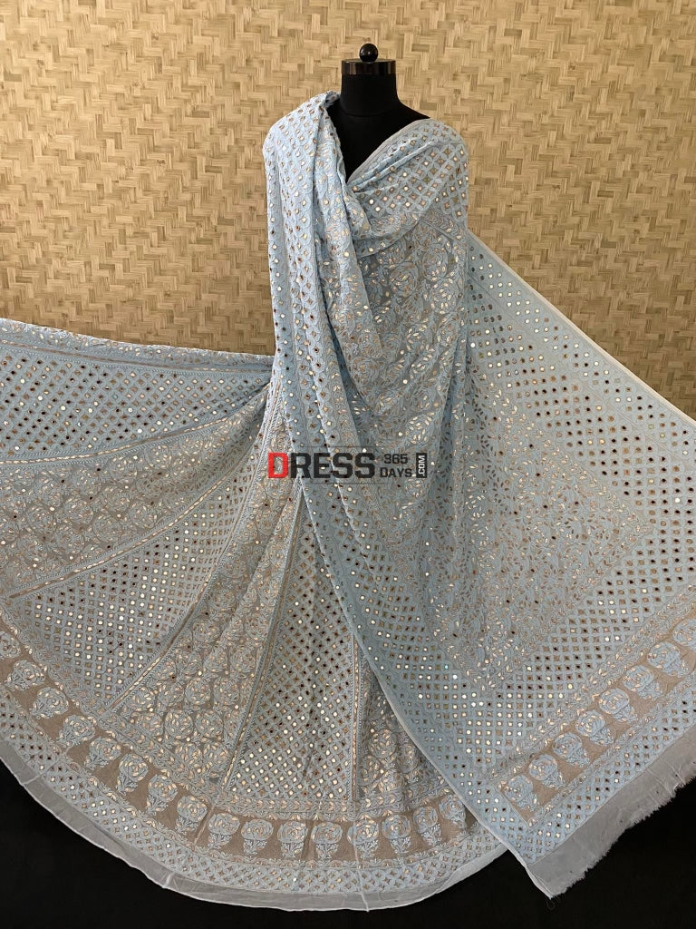 Powder Blue Lucknowi Mirror & Gota Patti Lehenga Set Chikankari